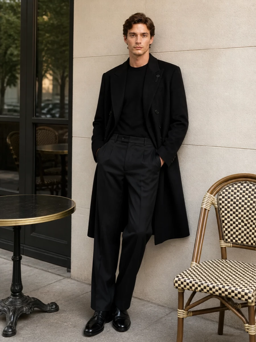 Lardini black coat jil sander trousers outfit