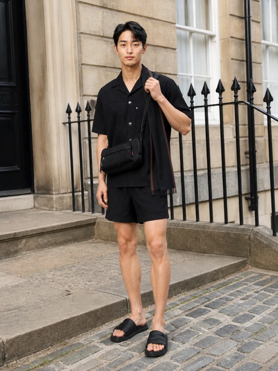 Gucci black camp shirt swim shorts outfit