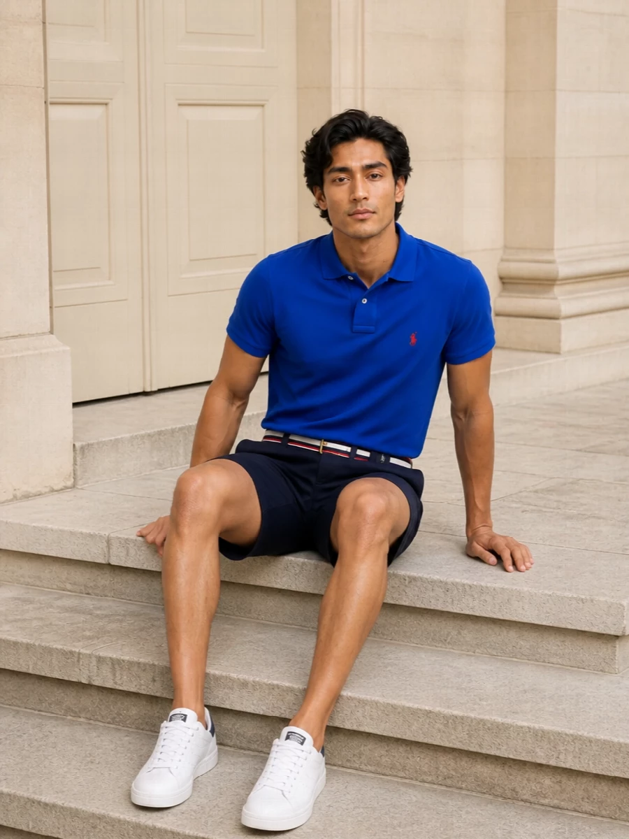 Classic American prep for warm days: a bold cobalt polo grounded by simple navy shorts and clean white court sneakers. The palette is tight and coastal, with just enough red to feel sporty rather than loud. A striped belt and collegiate duffle finish it as an easy off-duty uniform for beach runs, city errands or laid-back lunches.