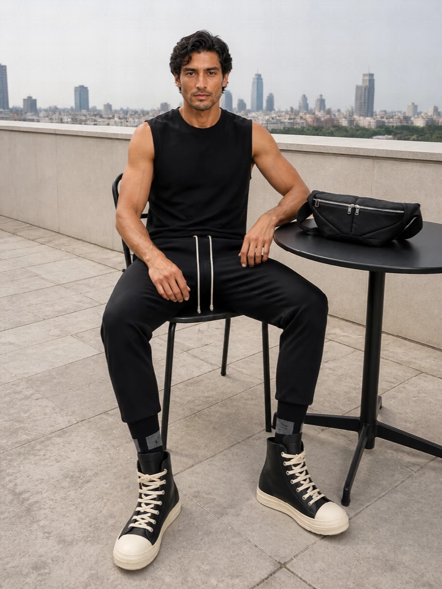 An elongated black Rick tank drops cleanly into cropped black drawstring trousers, keeping the whole silhouette lean and vertical. Iconic black leather hi-tops with cream soles add weight at the ankle without breaking the monochrome mood. A padded black belt bag and tabi socks keep everything in the Rick language, functional and graphic for city days in heat.