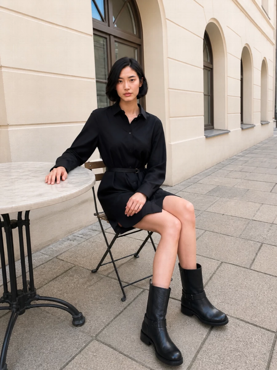 The Loewe shirt dress with the Fendi ankle boots builds a clean, utilitarian black column that feels composed but not overworked. Choosing the dress route rather than separates keeps the silhouette minimal and strong, letting the texture of the leather and the precision of the cut do the talking. The Jil Sander shoulder bag finishes it with a refined, architectural note that works from daytime errands to discreet dinners.