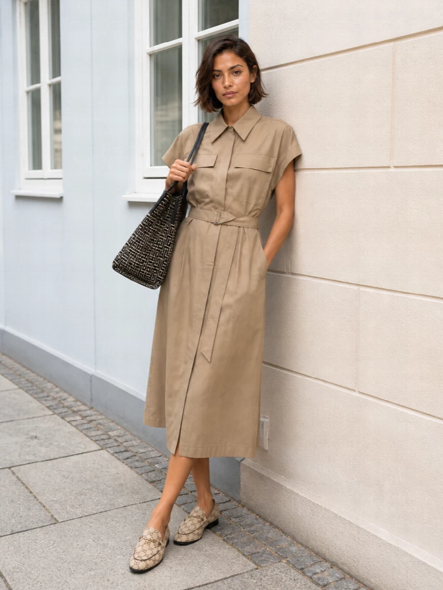 A sand Brunello Cucinelli shirt dress sets a clean, tailored backdrop that lets the graphic Balmain tote read intentional and polished instead of loud. Pairing it with Gucci GG loafers keeps the mood firmly preppy and city-ready, the shared neutral tones tying bag, dress and shoes into one calm, considered statement. I chose the dress path here so the tote can play against a single structured canvas, avoiding the visual noise that separate top and bottom layers would introduce with such a strong bag pattern.