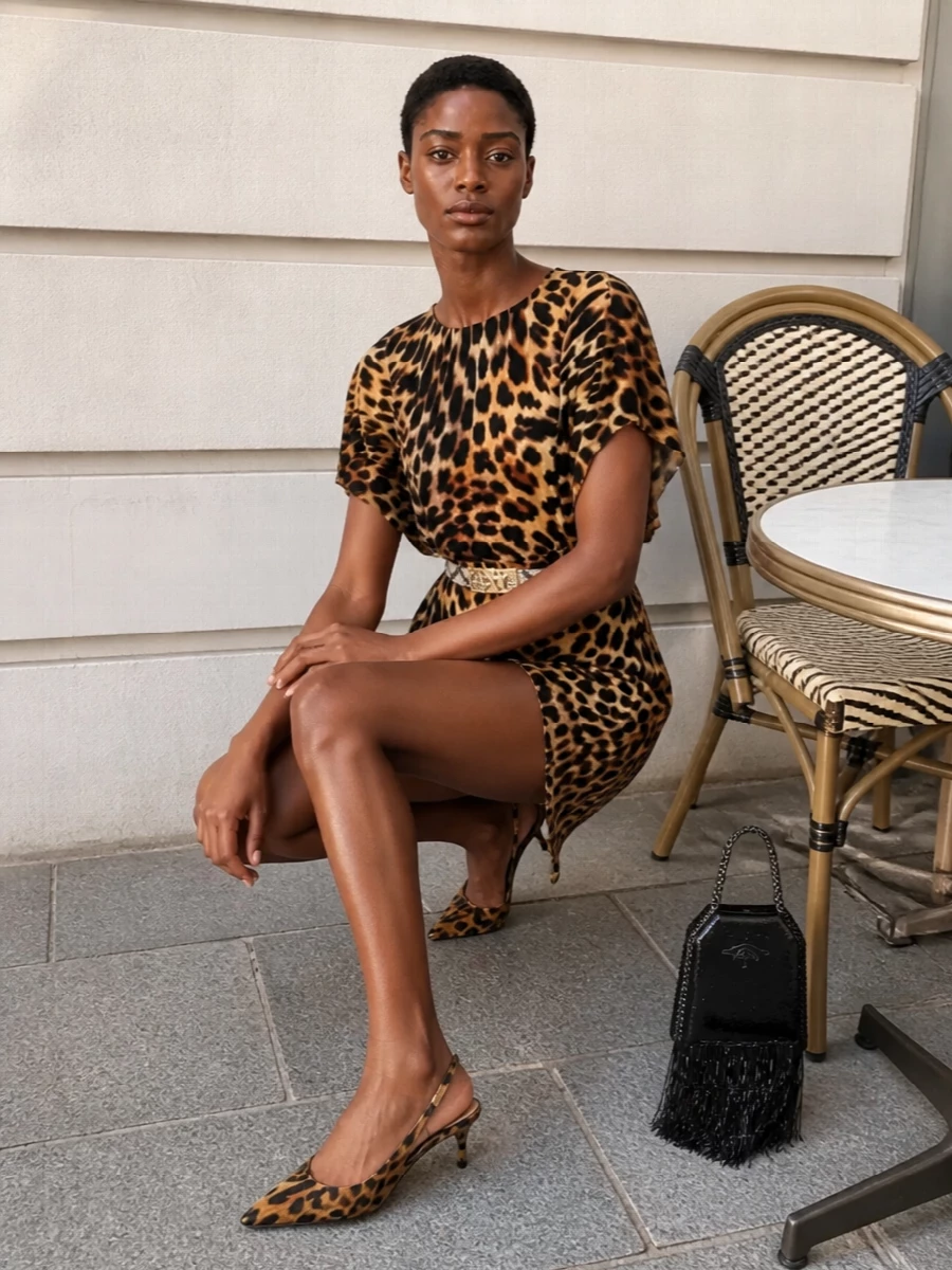 Leaning fully into animal magnetism, this pairing lets the leopard mini and matching slingbacks do the talking, then reins it in with sharp, metal-trimmed accessories. A cinched waist and compact, high-shine bag keep the proportions tight and leggy, perfect for late nights that move from bar to club without losing polish.