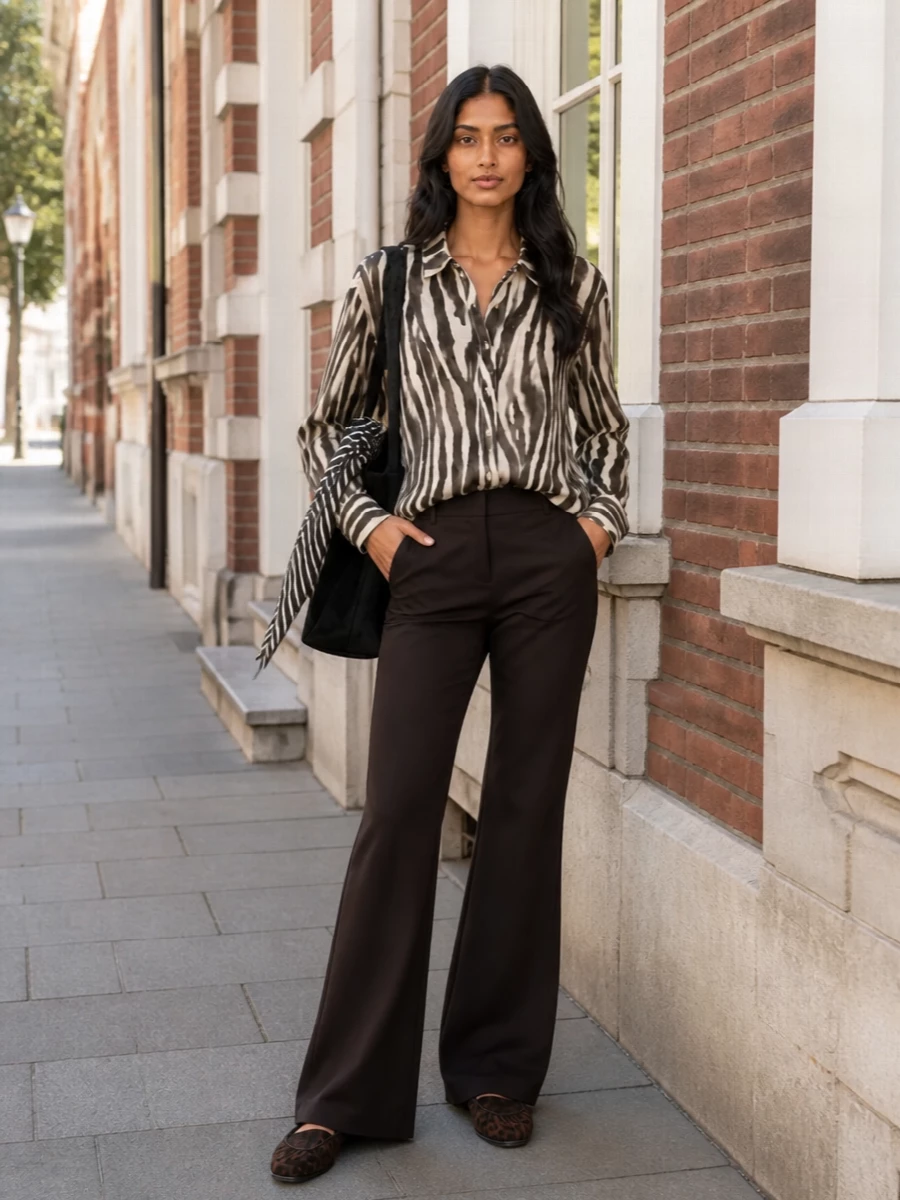 Alysi zebra shirt chocolate flared trousers outfit