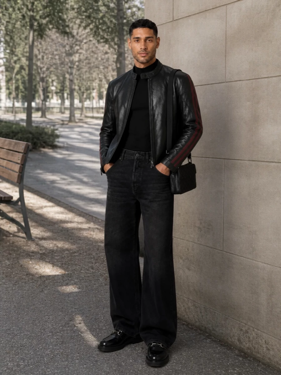Gucci leather biker jacket wide leg jeans