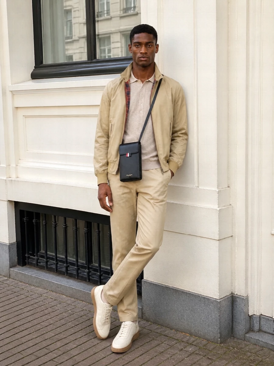 A stone Harrington, knit polo, and light khaki chino create a polished campus-inspired outfit that still feels easy for the city. Cream sneakers keep it relaxed, while the sharp black crossbody quietly nods to tailoring. It is a modern preppy uniform that works from daytime plans to casual dinners in warm weather.