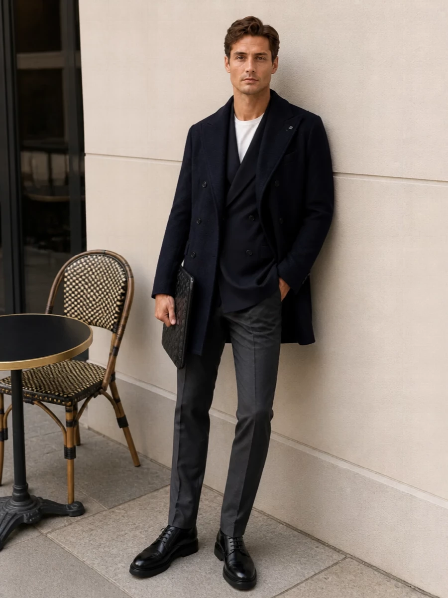 Boglioli navy coat tagliatore blazer outfit