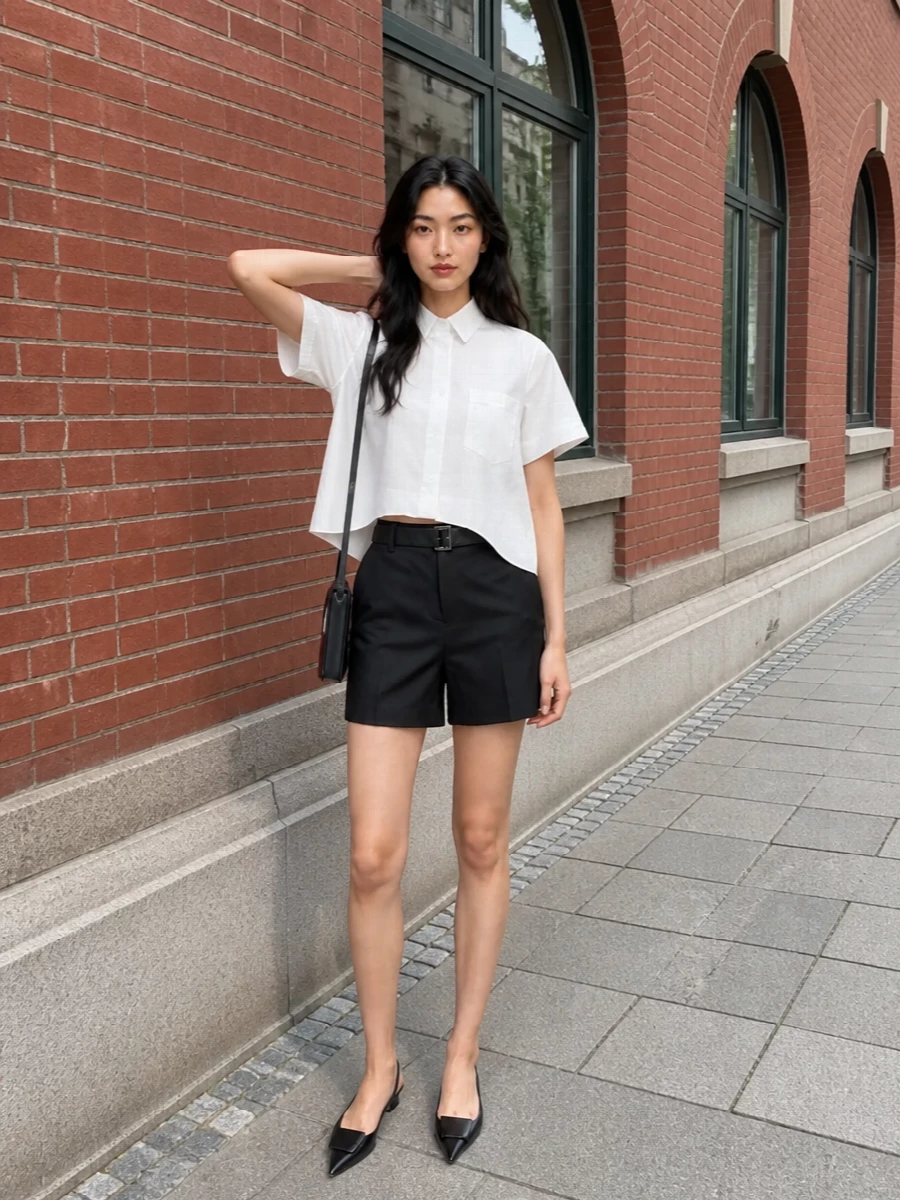 Sacai tailored black shorts white shirt outfit