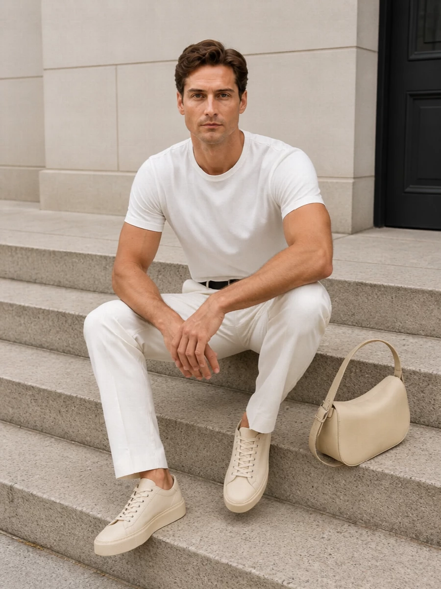 Jil sander white tee off white pleated trousers