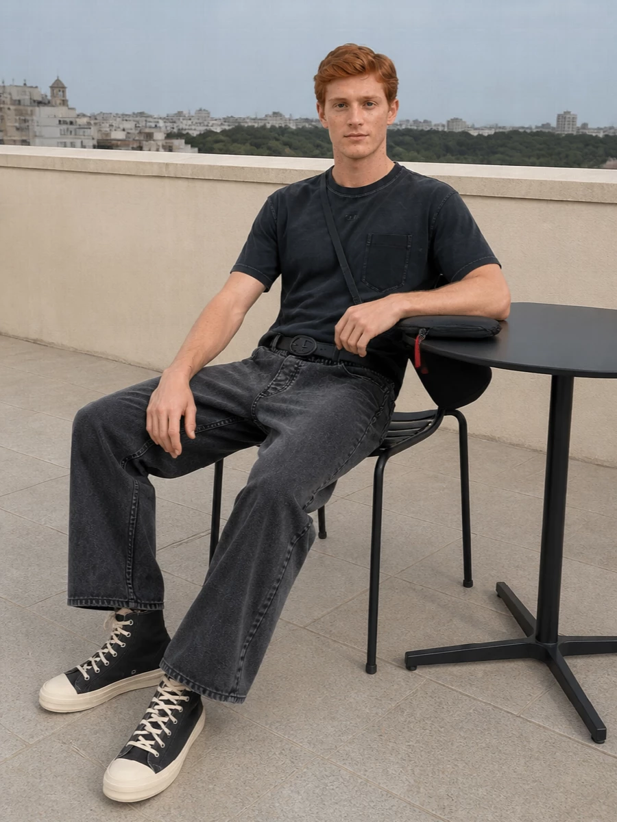 Diesel wide leg jeans washed black tee rick owens