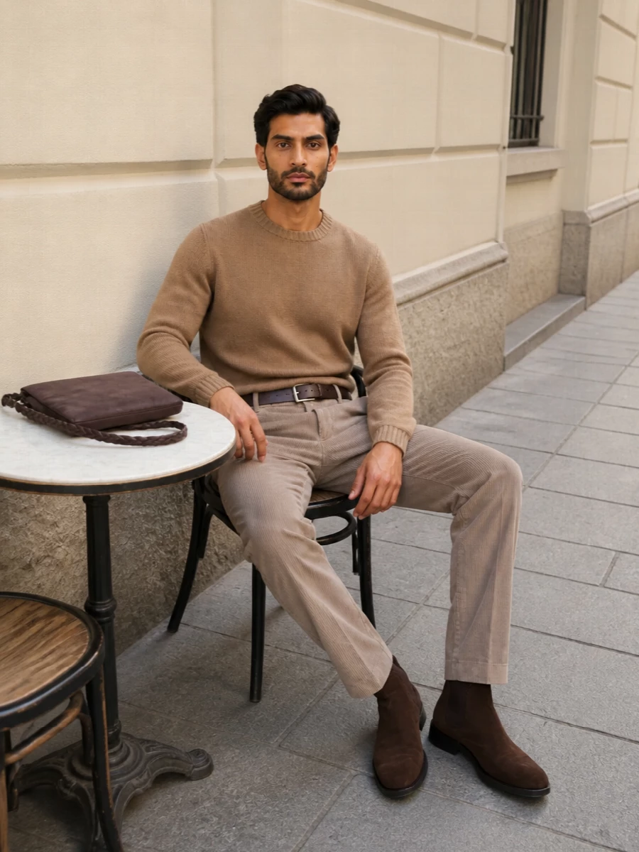 Pt torino corduroy trousers camel knit tods boots