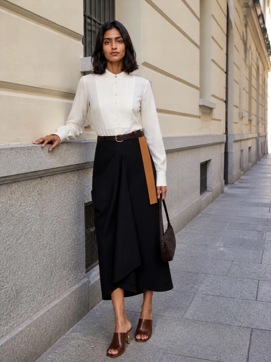 Bottega veneta tuxedo shirt asymmetric midi outfit