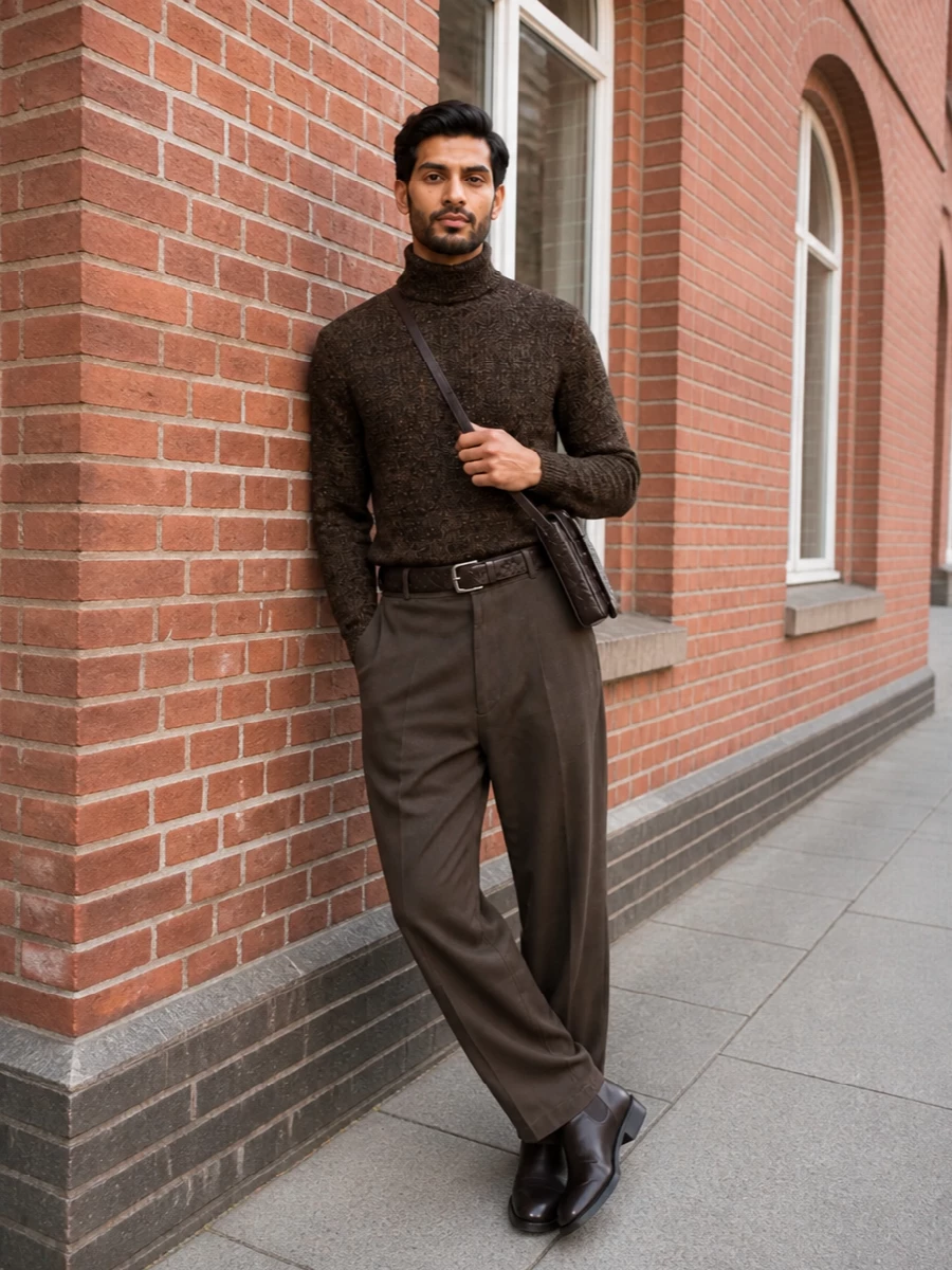Lemaire brown turtleneck and trouser outfit
