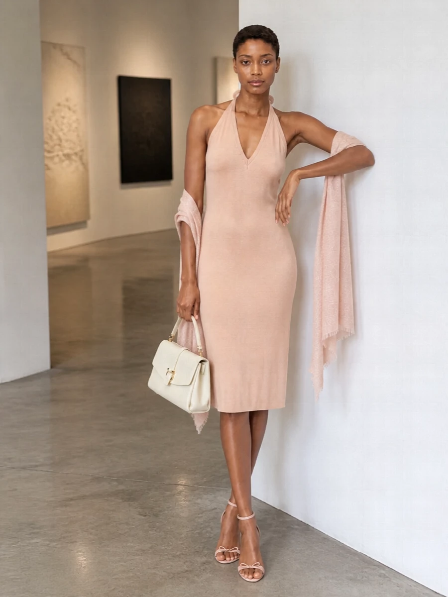 Ferragamo nude halter dress blush sandals