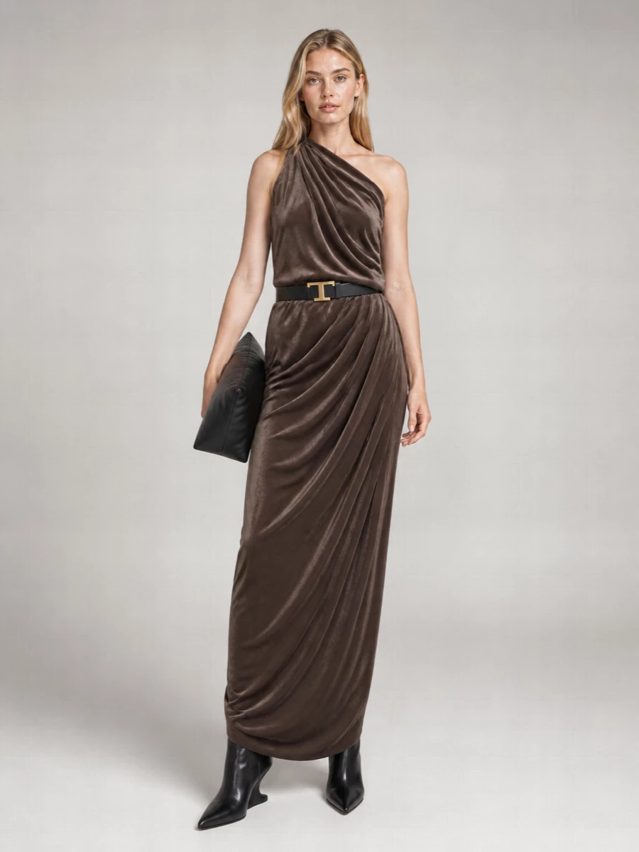 Rick Owens Silk Blend One-Shoulder Asymmetric Draped Maxi Dress