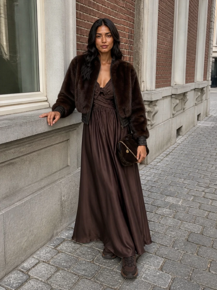 Zimmermann faux fur bomber brown satin dress