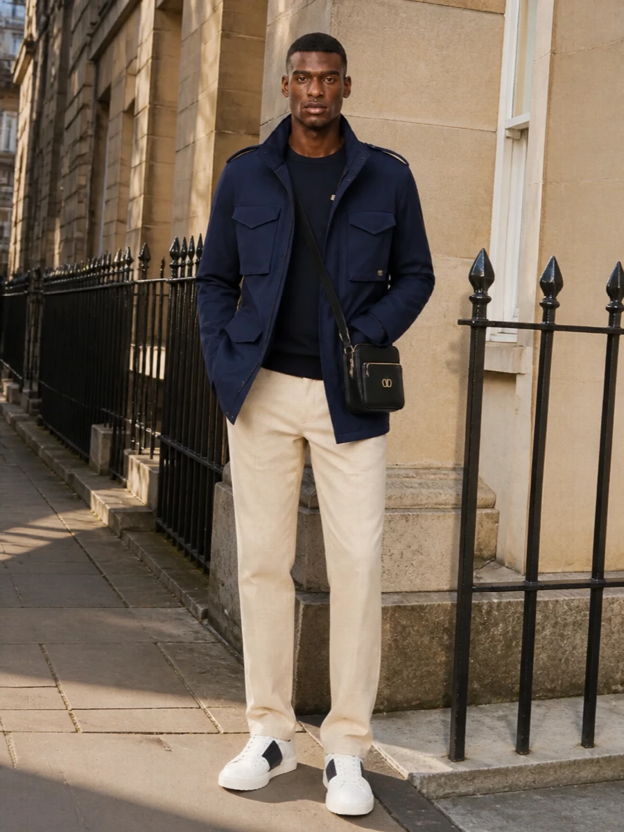 Valentino navy field coat beige trousers outfit