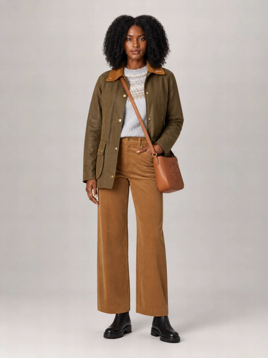 I’m anchoring this around the knit-and-trouser route rather than a dress, so the Barbour field jacket can stay the star without fighting another full-length statement. The Fair Isle sweater, caramel wide-leg corduroys and lug-sole Chelsea boots create a clean countryside-preppy line that feels equally right for wet city pavements. A tan leather crossbody pulls the browns together, giving you that quietly polished, all-day autumn uniform.