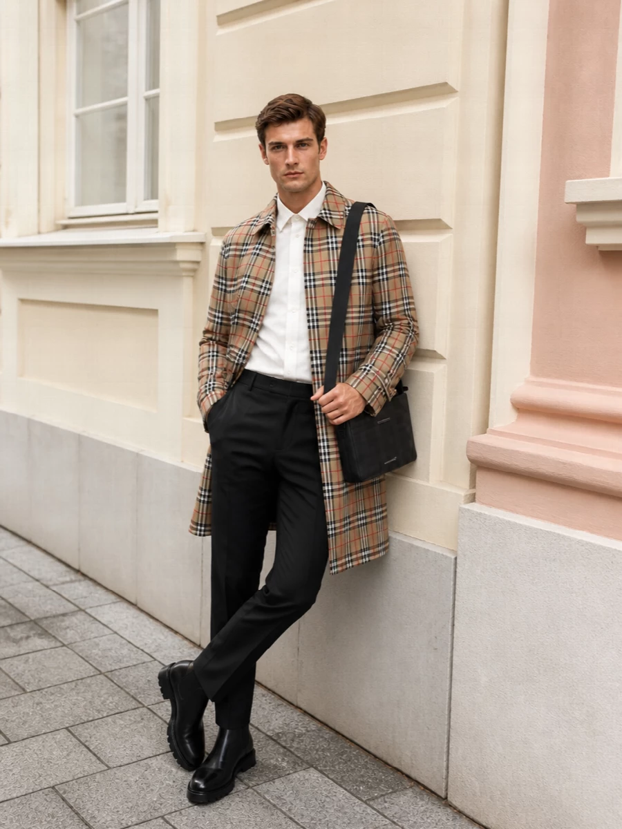 Burberry check coat black trousers chelsea boots