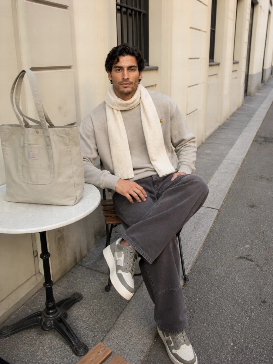 Carhartt sweatshirt charcoal pants neutral sneakers