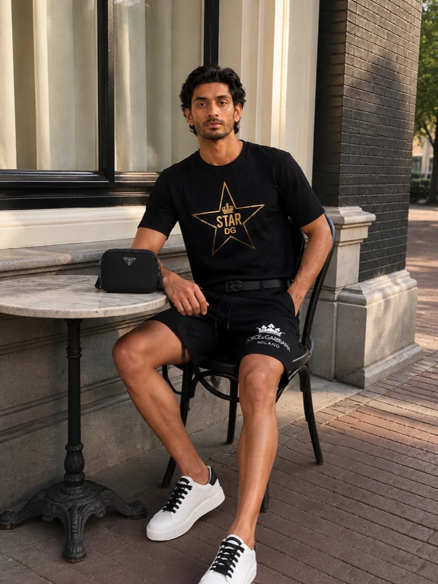Dolce gabbana star tee black shorts outfit