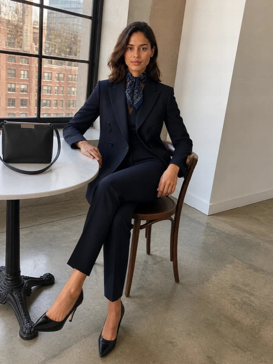 Max mara navy pantsuit prada black pumps