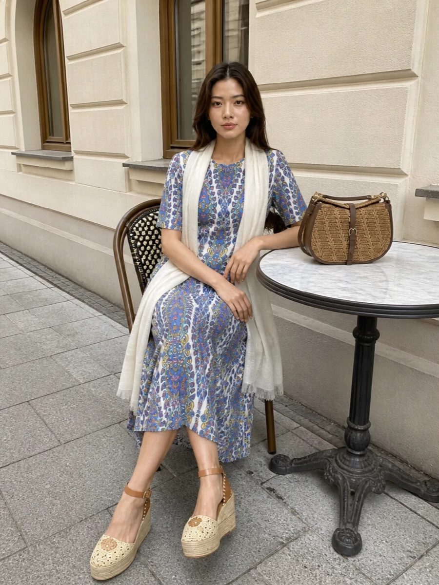 Etro’s paisley midi stays centre stage, framed by warm tan espadrille wedges that lift the hem and keep the mood sunlit and romantic. A woven, saddle inspired shoulder bag picks up the natural raffia notes while the soft neutral stole adds just enough texture and ease for garden parties or relaxed summer occasions. The palette stays gentle and warm so the cobalt and golden details in the dress feel luminous rather than busy.