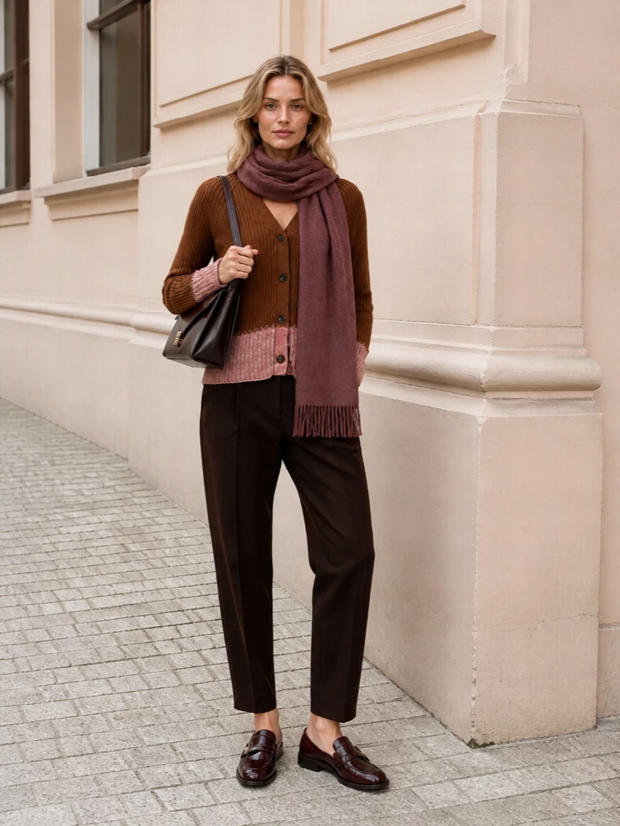 Marni cardigan chocolate trousers oxblood mules