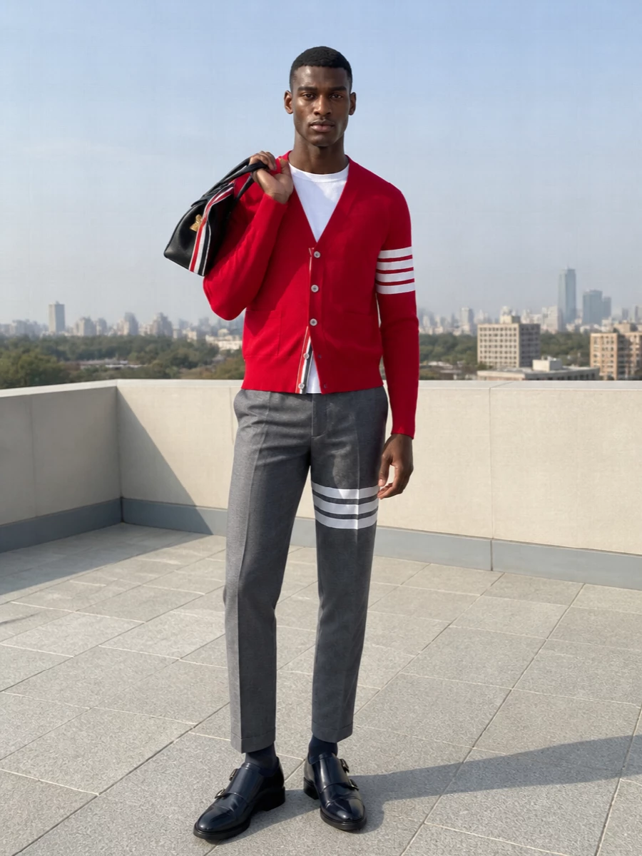 Thom browne red cardigan grey wool trousers