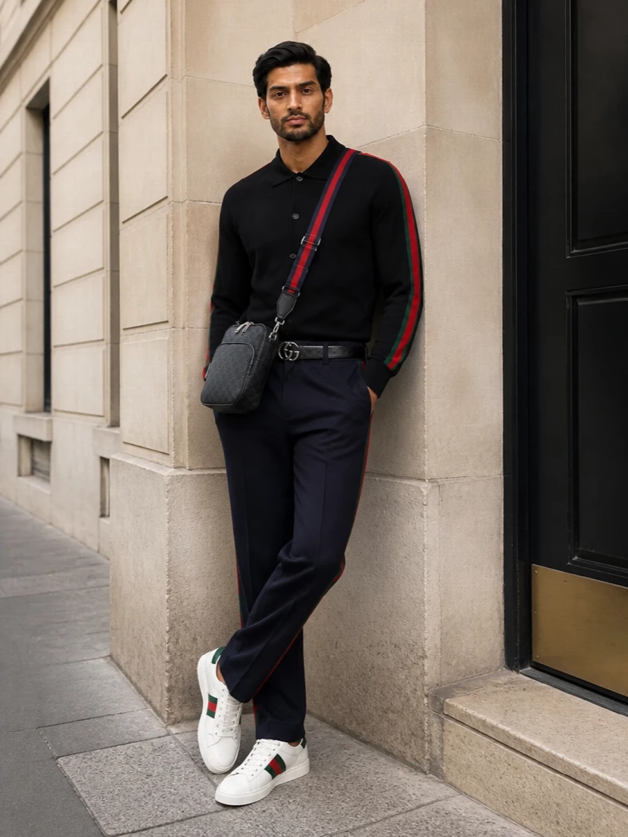 Gucci black cardigan navy track pants outfit