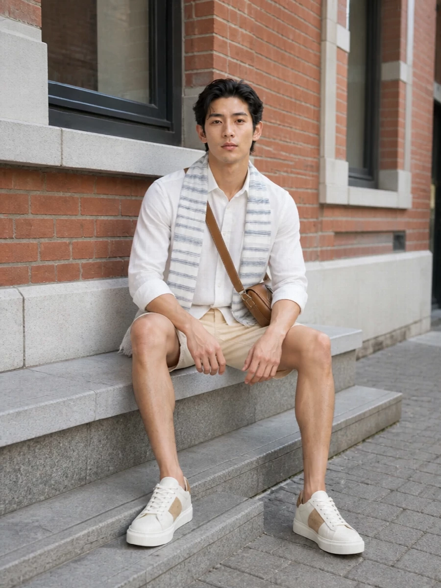 Woolrich white shirt beige chino shorts outfit