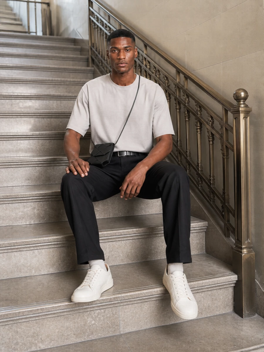 Rick owens tee charcoal trousers white sneakers