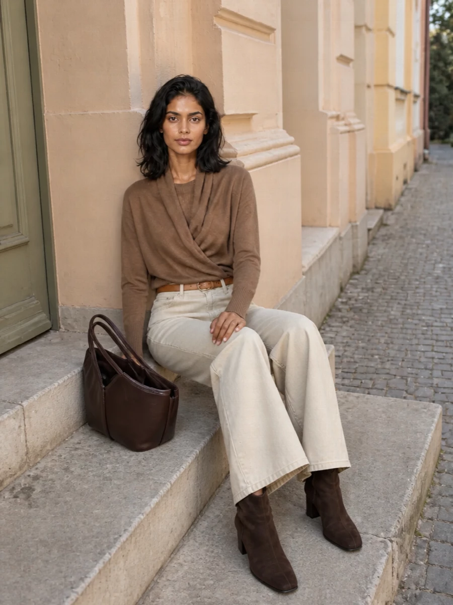 Light beige wide-leg denim meets a camel wrap knit for a calm, neutral column that feels relaxed but considered. A tan belt and chocolate suede boots define the vertical line without interrupting it, while a sculpted dark brown tote adds just enough structure and depth for city days that run long.