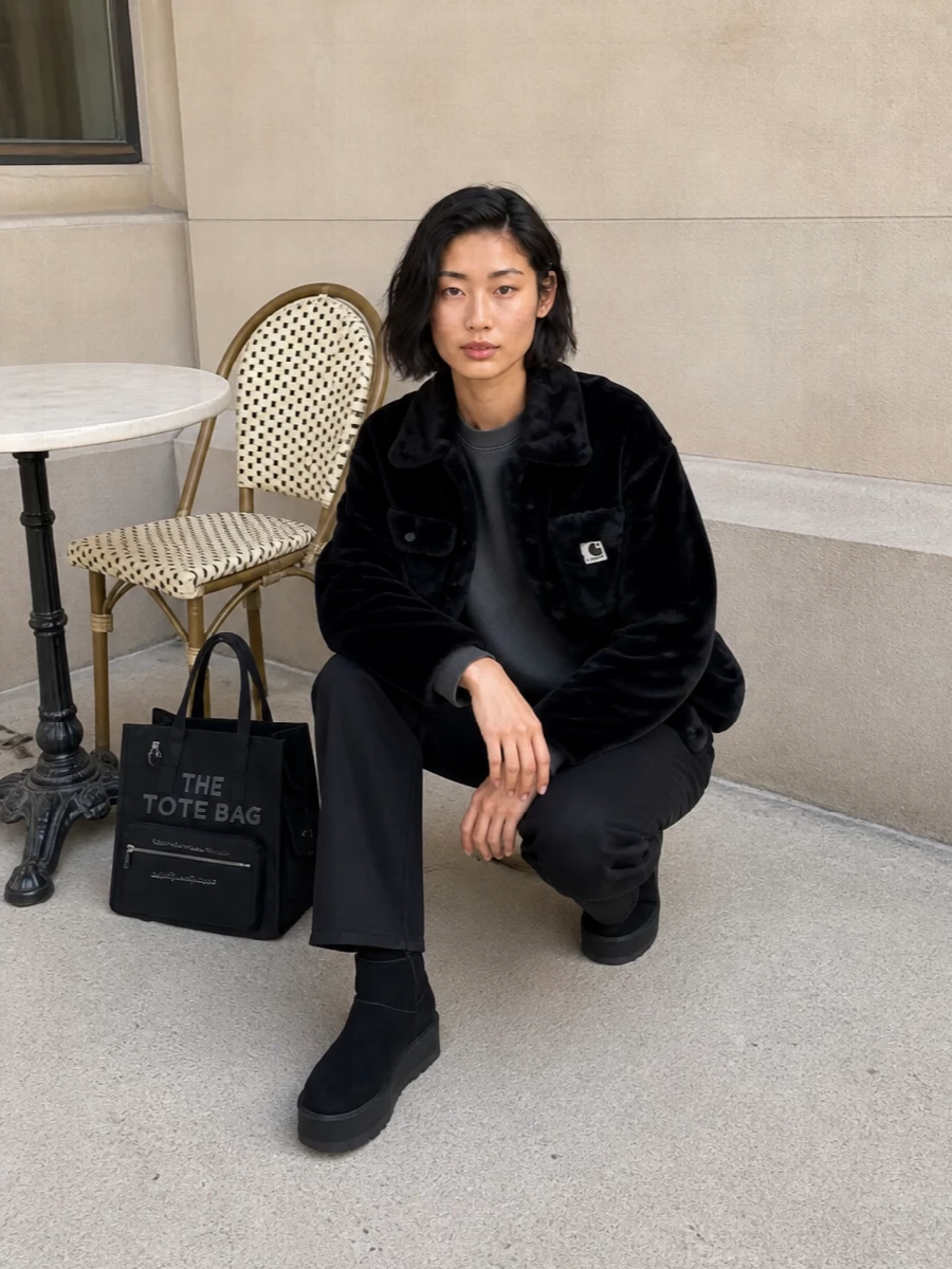 Carhartt faux fur jacket black jeans outfit