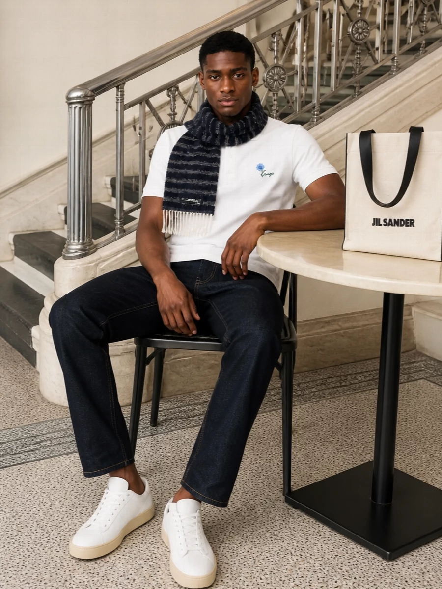 A crisp Kenzo polo meets dark indigo Prada denim for a smart off-duty uniform that reads clean and confident. White Valentino sneakers and a graphic Jil Sander tote keep the palette bright and minimal, while a navy Jacquemus scarf adds just enough depth for cooler days. The result is relaxed, preppy and quietly precise, ideal for city days that move between errands, cafés and casual dinners.