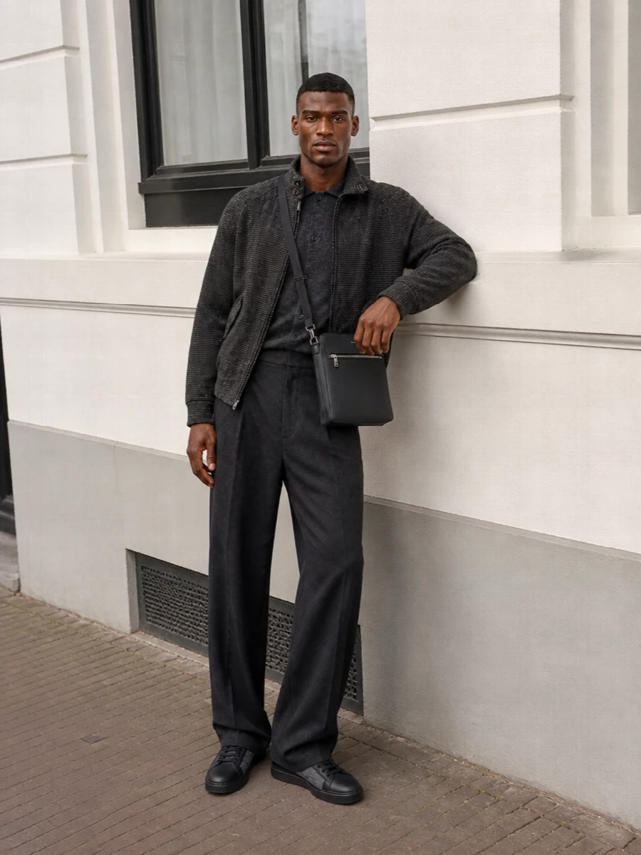 Dunst bomber charcoal pleated trousers outfit