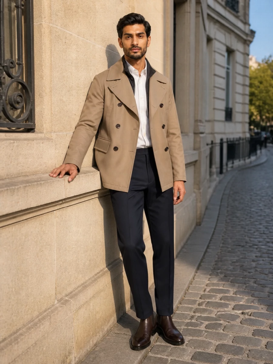 Fay camel peacoat navy trousers chelsea boots