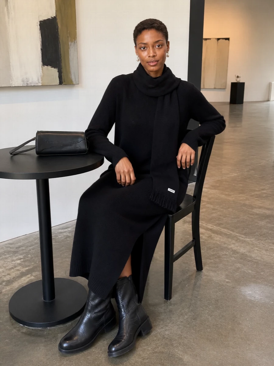 Darkpark black knit dress dries boots outfit