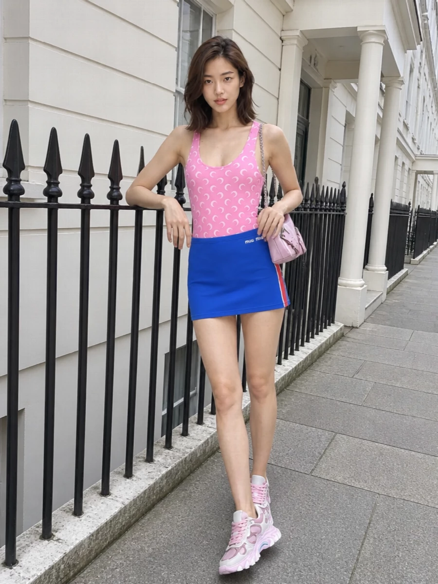 Marine Serre’s pink moon bodysuit meets a cobalt Miu Miu mini for a hyper-fresh, sport-club Y2K mix that keeps the silhouette clean and leggy. Chunky pastel Balmain runners bring runway sneaker drama while still reading playful, and the metallic pink Givenchy shoulder bag finishes it with a glossy hit of color and hardware that feels ready for late afternoons rolling straight into night. The palette stays in a tight pink and primary story so the print remains the focal point, framed by crisp, athletic lines.