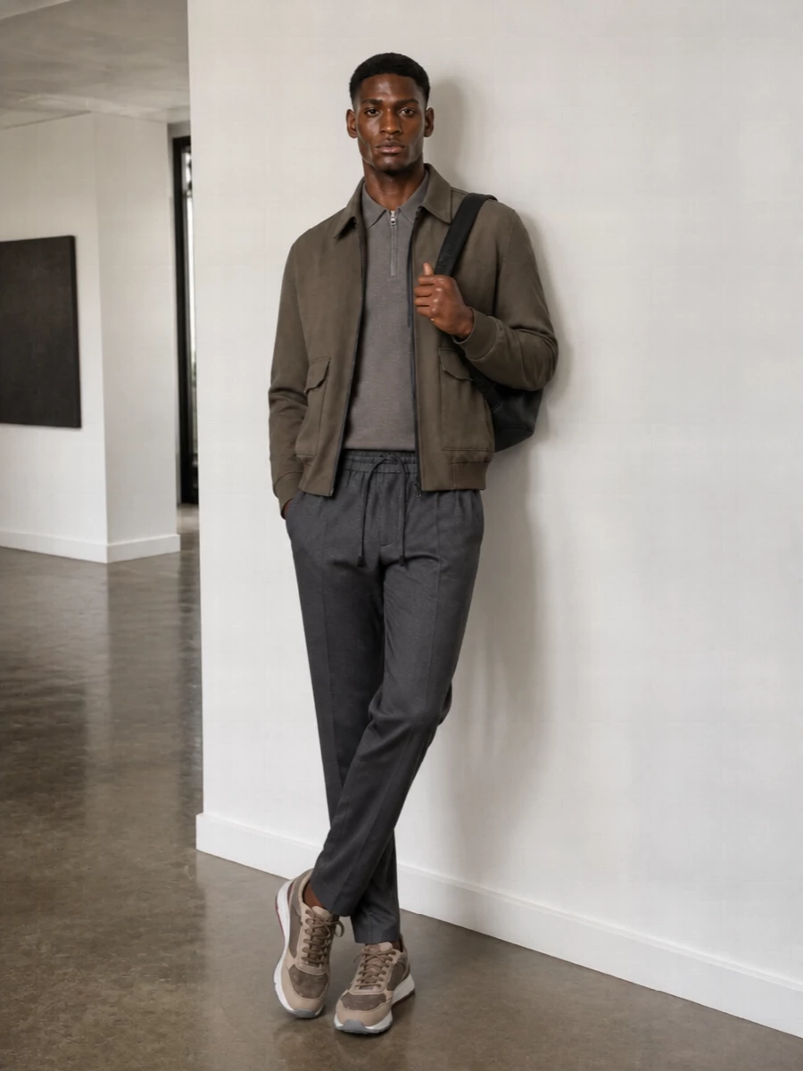 Brioni taupe blouson charcoal trouser outfit