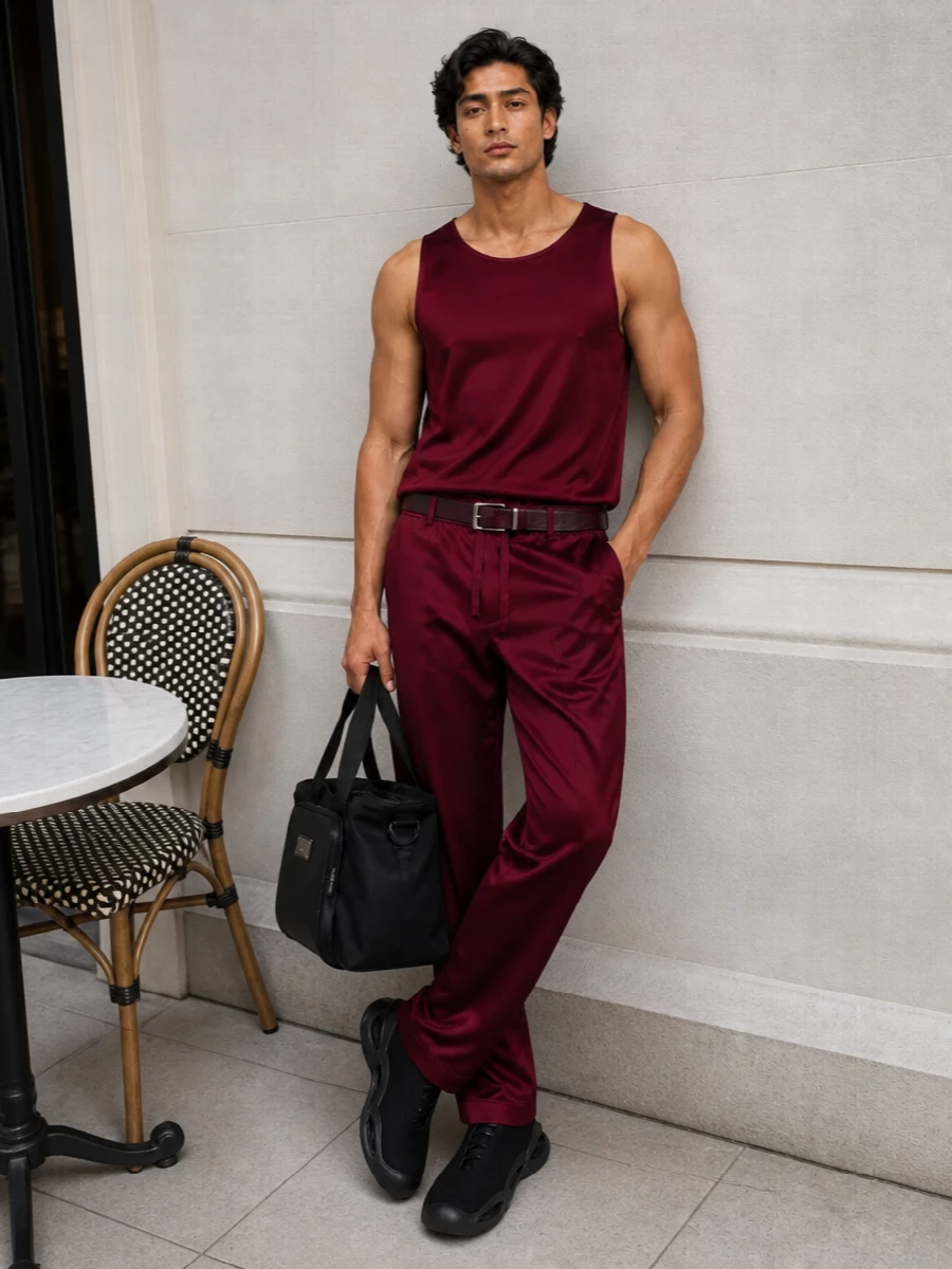 Dolce gabbana burgundy satin tank track pants outfit
