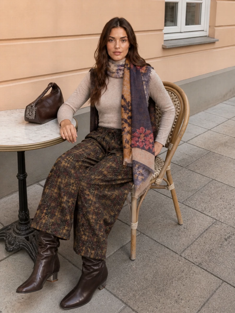 Ganni wide leg trousers knee high boots outfit