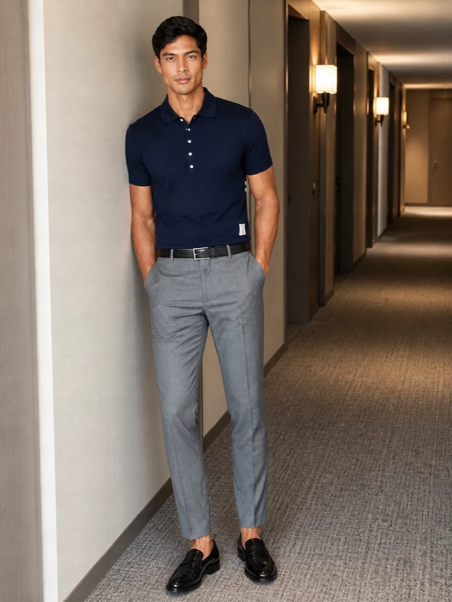 Thom browne navy polo grey tailored trousers