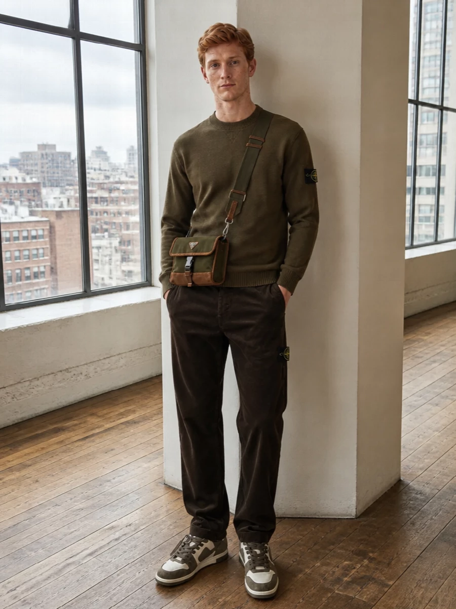 Stone island olive sweater brown cords outfit