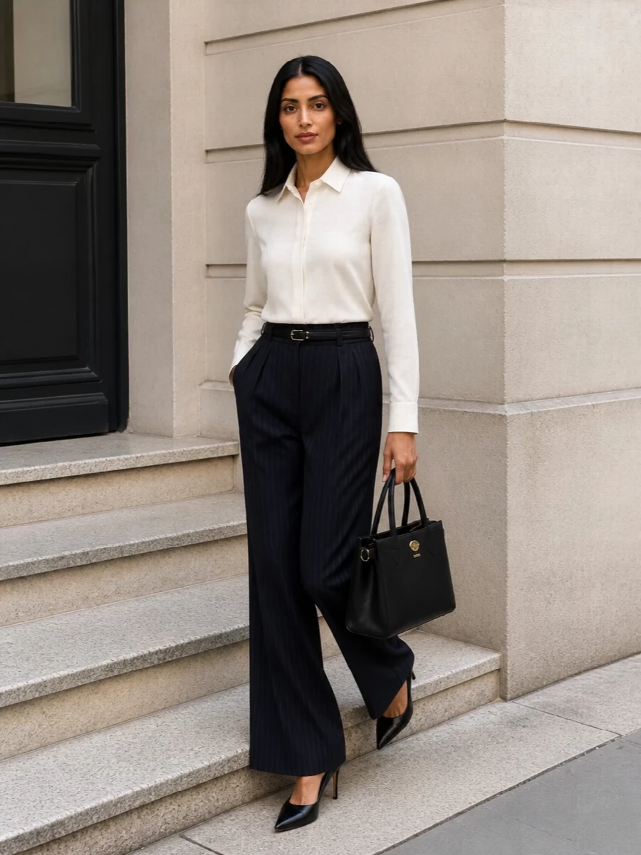Designer ivory shirt pinstripe wide leg trousers