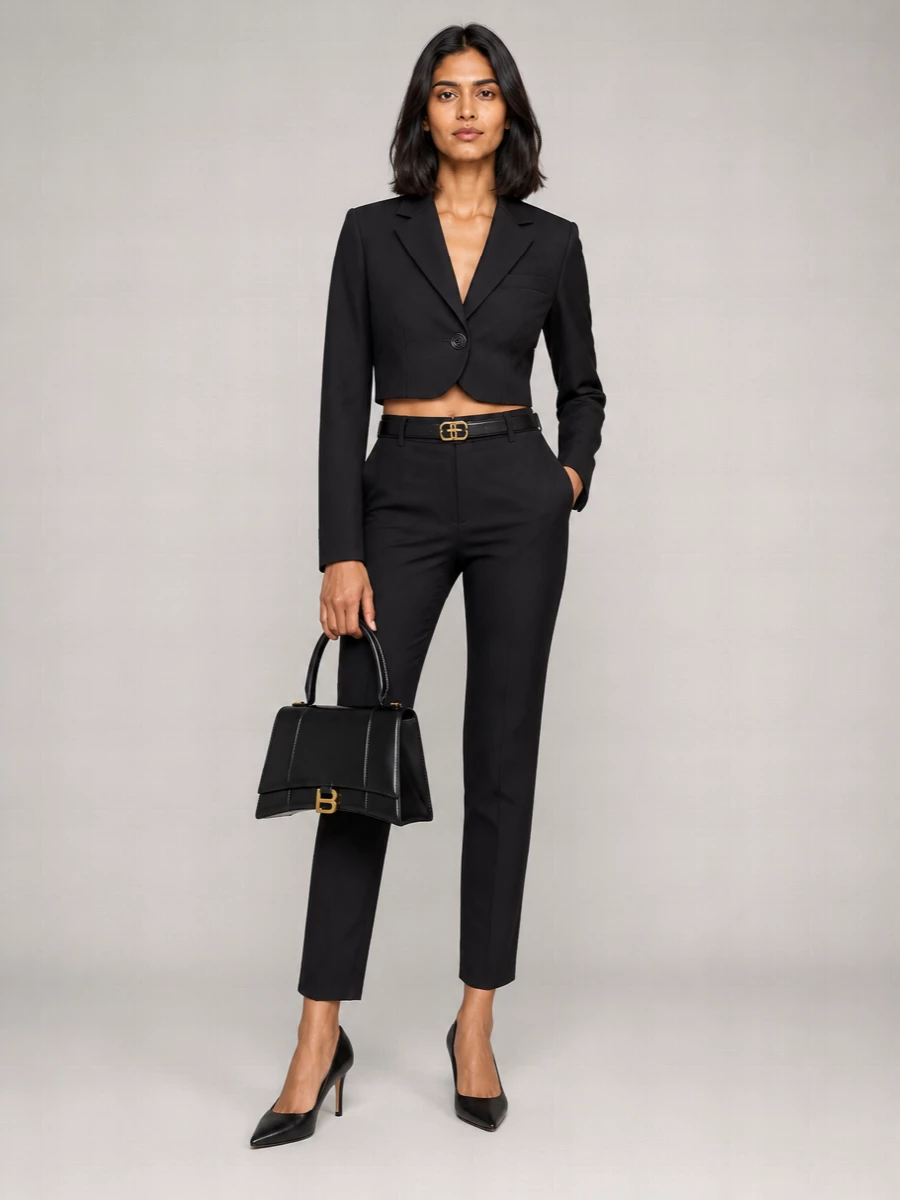 Balenciaga’s high-waisted black trousers pair with the cropped blazer to create a sharply controlled, almost column-like suit line that feels modern and quietly authoritative. A matte pointed pump keeps the leg uninterrupted while the croc-embossed belt and structured trapeze bag repeat the black-and-gold accents in a way that reads deliberate rather than loud. The result is a disciplined, city-ready tailoring set that moves easily from boardroom to serious dinner reservations.