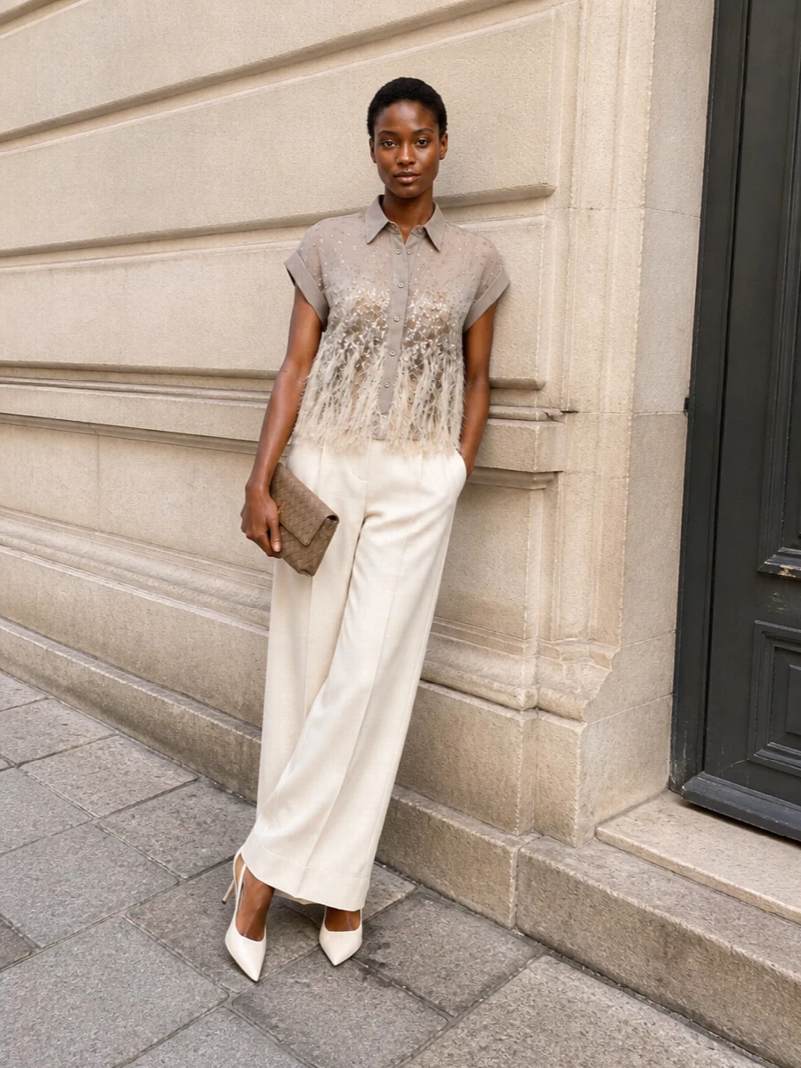 This look pairs the feathered, sequinned Cucinelli blouse with fluid high-rise ivory wide-leg trousers for a refined, elongated silhouette that lets the top’s texture and movement take center stage. Clean cream slingbacks and a slim taupe intrecciato clutch keep the palette soft and tonal, delivering a quietly glamorous evening ensemble that feels modern, polished and impeccably Italian.