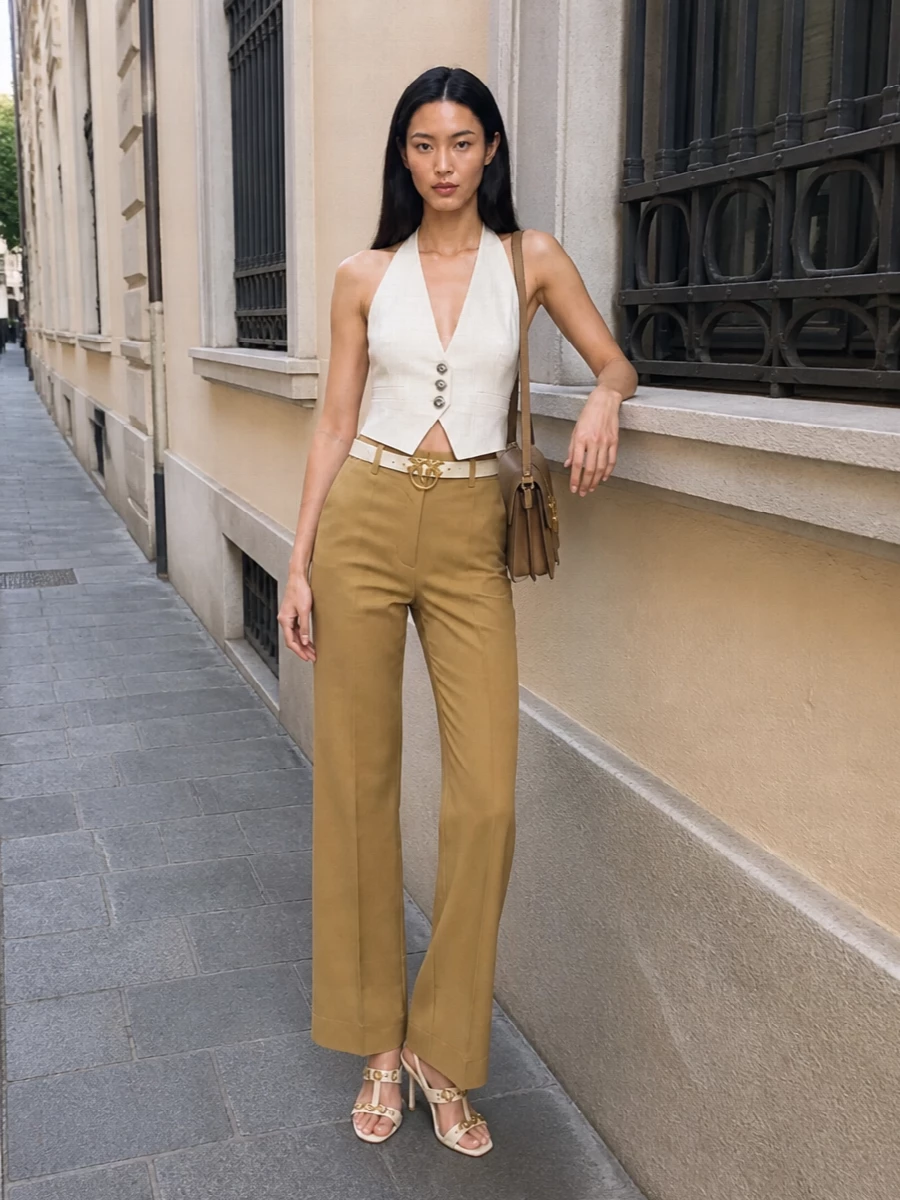 Pinko camel trousers ivory halter waistcoat outfit