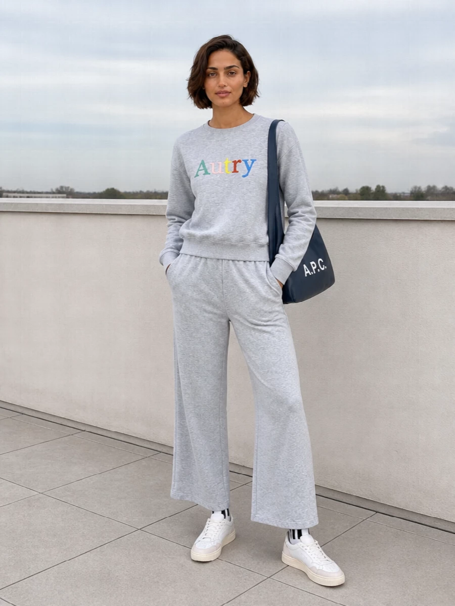 Autry grey sweatshirt wide leg track pants outfit