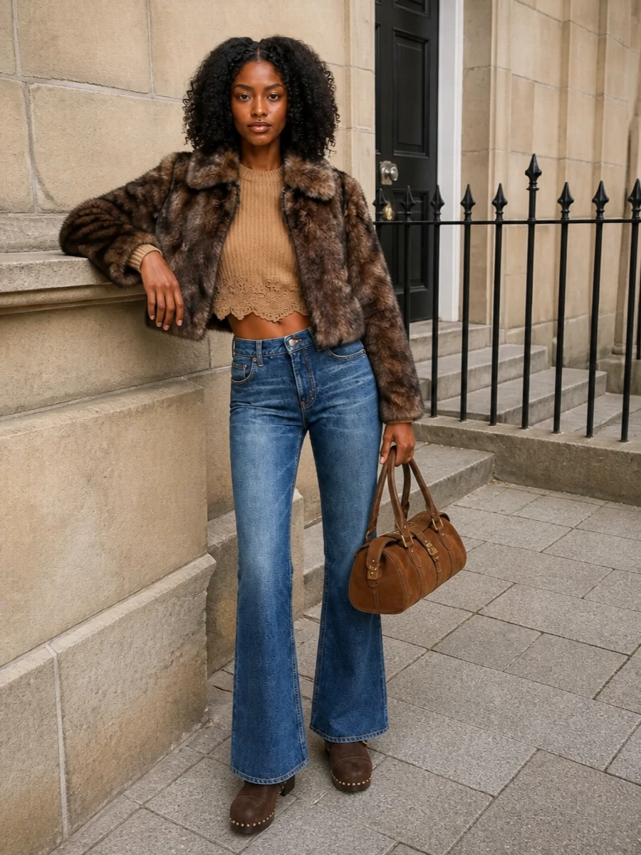Chloe faux fur jacket flared jeans outfit